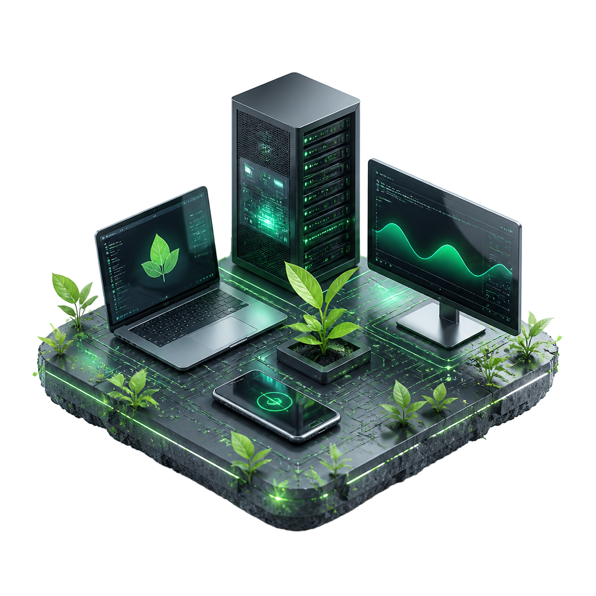 Isometric illustration of laptops, servers and monitors sprouting green plants on a circuit board